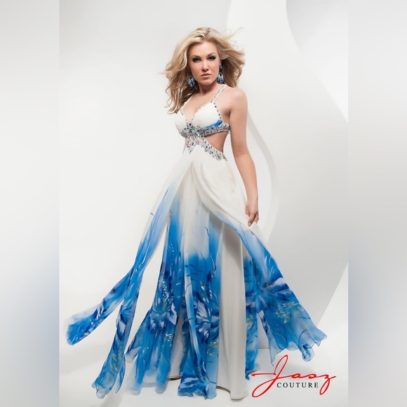 A Jasz Couture Beautiful white with blue florals formal dress with cut outs. - Picture 1 of 10
